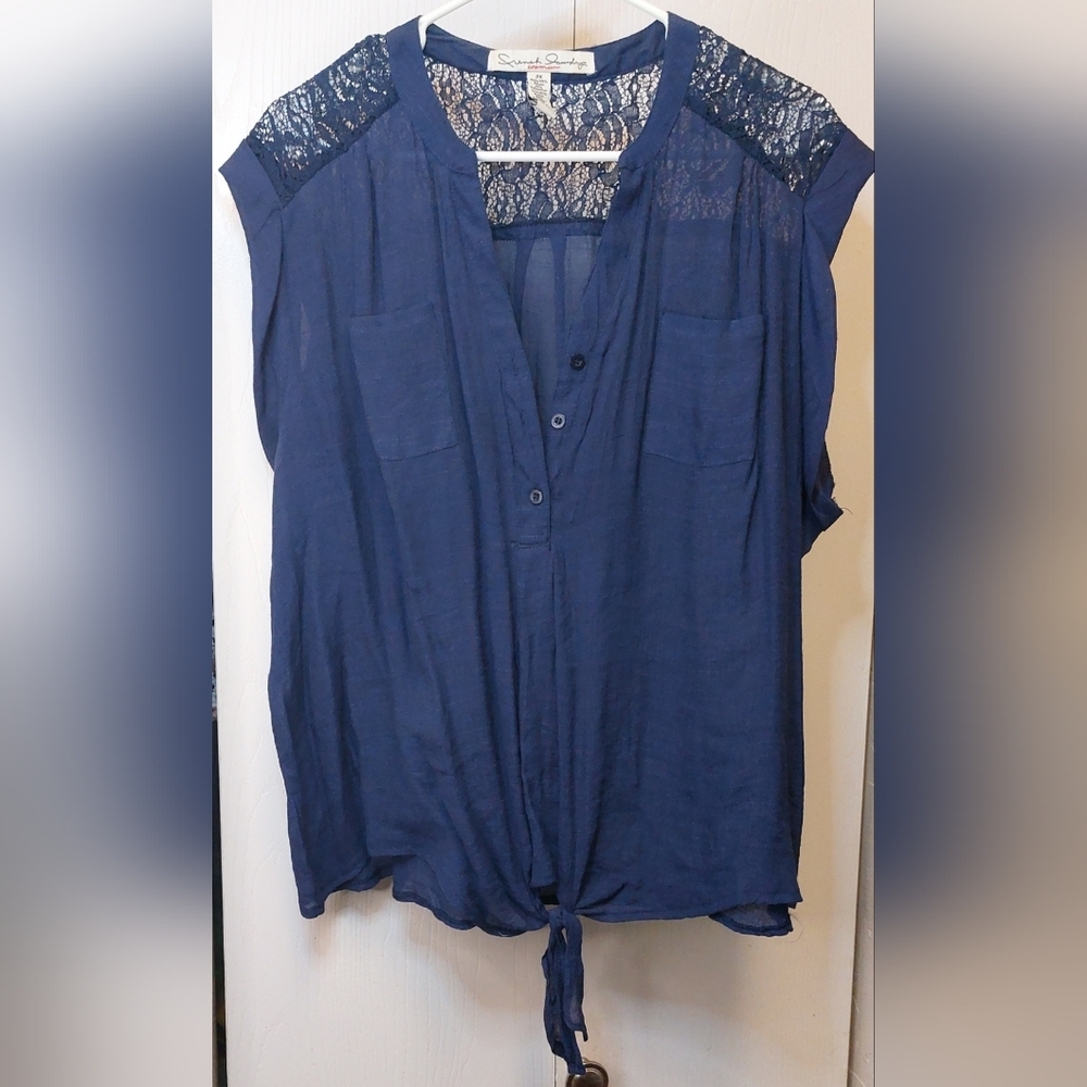 French Laundry Navy Button & Tie Top Lace Size 2X Summer Sleeveless Boho Date